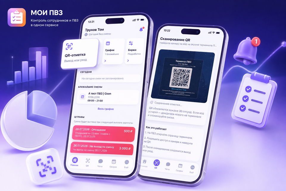 Приложение сотрудника: главная и QR-отметка на смену
