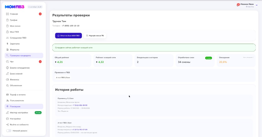 Результаты проверки кандидата: рейтинг, история работы и отчёты